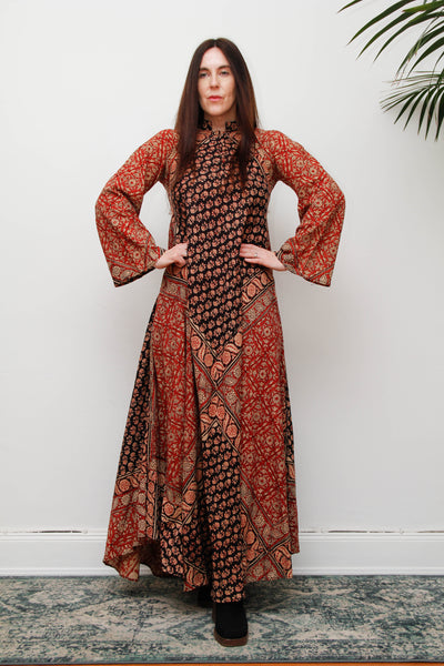 Vintage Indian Block Print Maxi Dress, Angel Sleeve Cotton Bohemian Dress