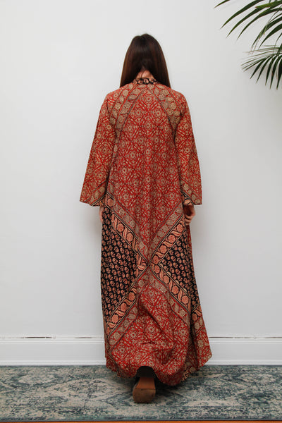 Vintage Indian Block Print Maxi Dress, Angel Sleeve Cotton Bohemian Dress