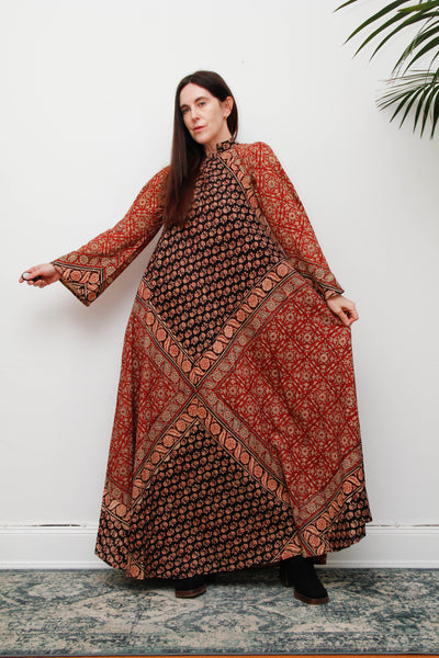 Vintage Indian Block Print Maxi Dress, Angel Sleeve Cotton Bohemian Dress