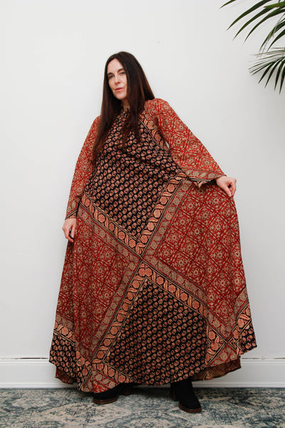 Vintage Indian Block Print Maxi Dress, Angel Sleeve Cotton Bohemian Dress