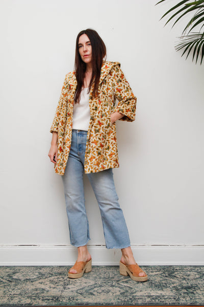 1960s Vintage Floral Jacquard Velour Coat, Cream Swing Smock