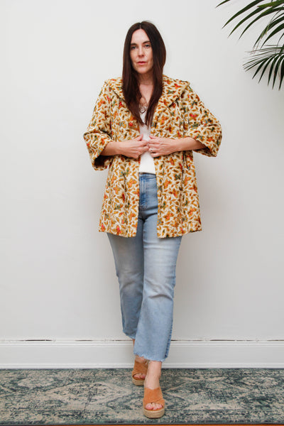 1960s Vintage Floral Jacquard Velour Coat, Cream Swing Smock