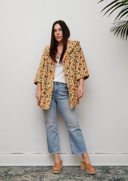 1960s Vintage Floral Jacquard Velour Coat, Cream Swing Smock