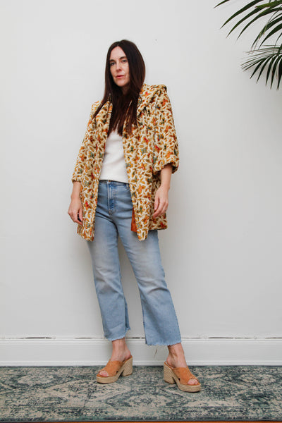 1960s Vintage Floral Jacquard Velour Coat, Cream Swing Smock