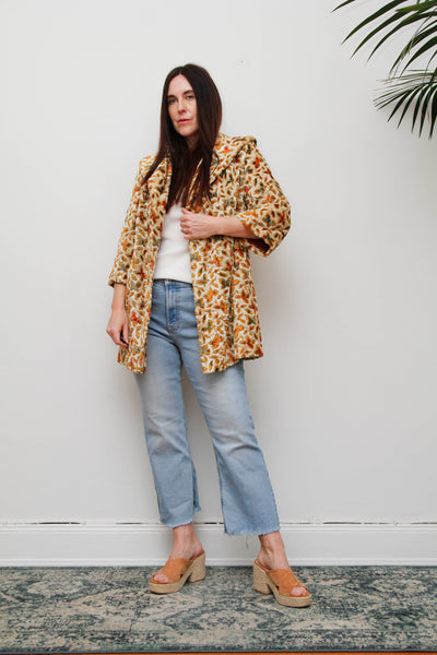 1960s Vintage Floral Jacquard Velour Coat, Cream Swing Smock