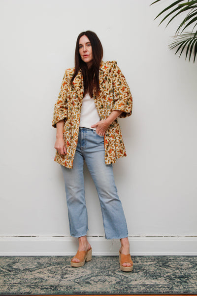 1960s Vintage Floral Jacquard Velour Coat, Cream Swing Smock