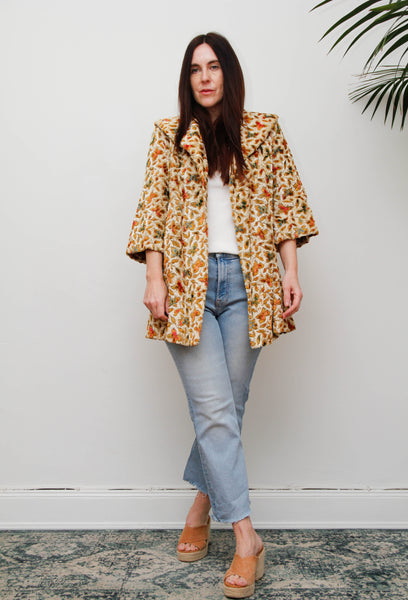1960s Vintage Floral Jacquard Velour Coat, Cream Swing Smock