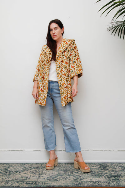1960s Vintage Floral Jacquard Velour Coat, Cream Swing Smock