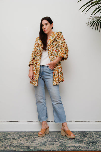 1960s Vintage Floral Jacquard Velour Coat, Cream Swing Smock
