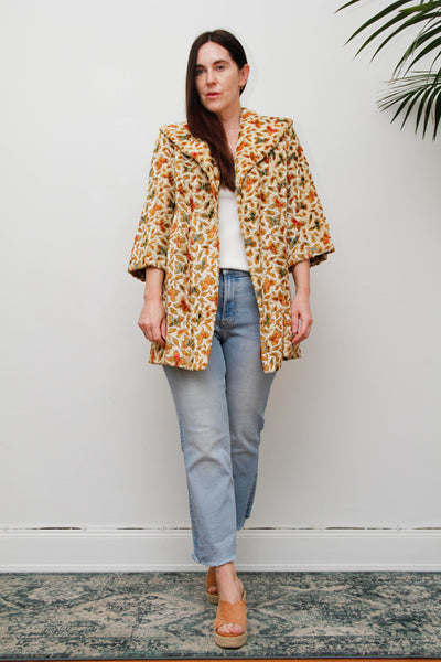1960s Vintage Floral Jacquard Velour Coat, Cream Swing Smock