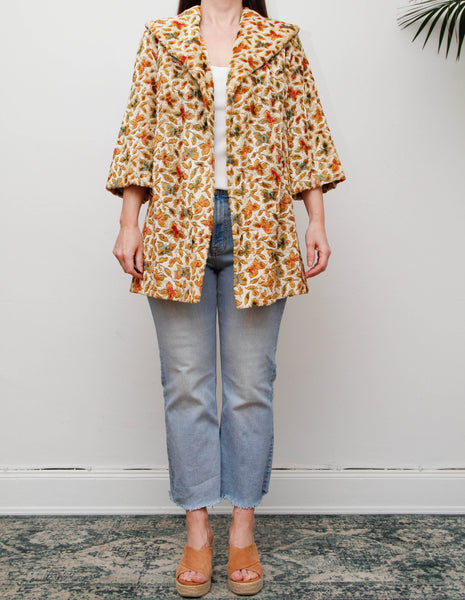 1960s Vintage Floral Jacquard Velour Coat, Cream Swing Smock