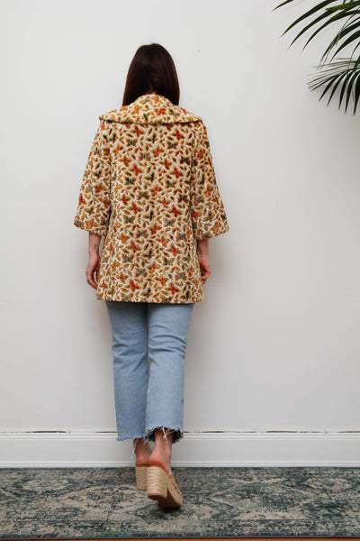 1960s Vintage Floral Jacquard Velour Coat, Cream Swing Smock