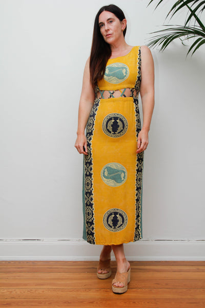 Vintage Scenic Print Maxi Dress, Mediterranean Bohemian Holiday Dress