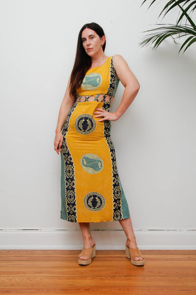 Vintage Scenic Print Maxi Dress, Mediterranean Bohemian Holiday Dress