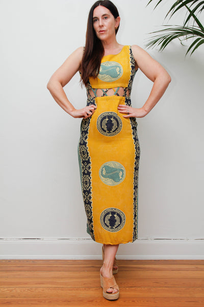 Vintage Scenic Print Maxi Dress, Mediterranean Bohemian Holiday Dress