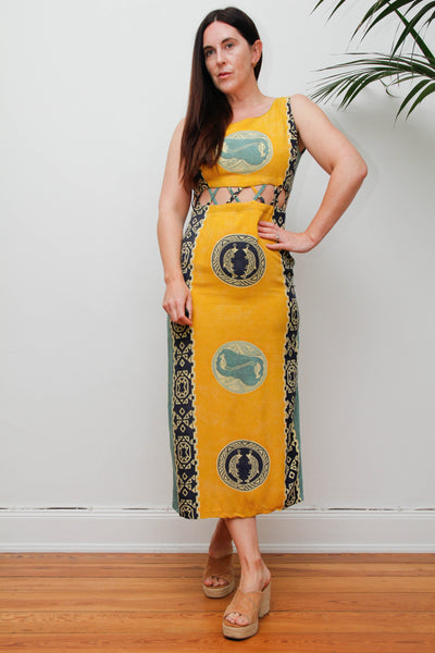 Vintage Scenic Print Maxi Dress, Mediterranean Bohemian Holiday Dress