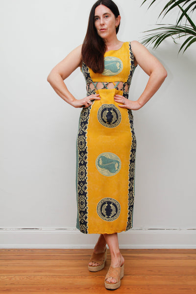 Vintage Scenic Print Maxi Dress, Mediterranean Bohemian Holiday Dress