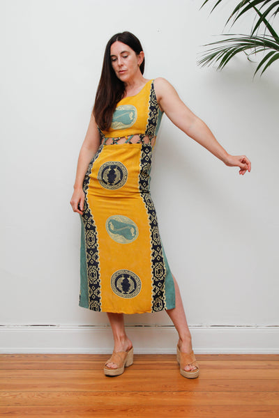 Vintage Scenic Print Maxi Dress, Mediterranean Bohemian Holiday Dress