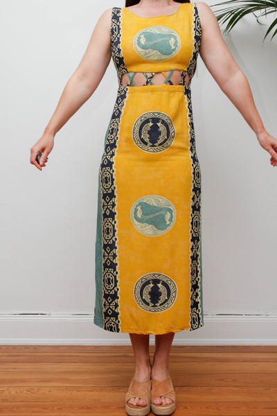 Vintage Scenic Print Maxi Dress, Mediterranean Bohemian Holiday Dress