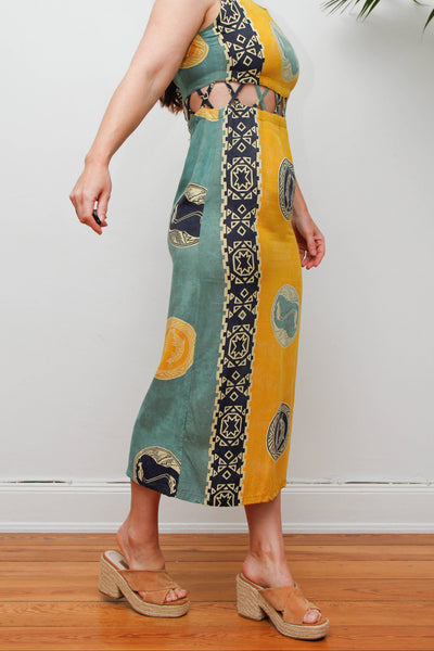 Vintage Scenic Print Maxi Dress, Mediterranean Bohemian Holiday Dress