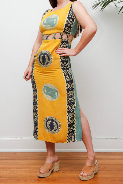 Vintage Scenic Print Maxi Dress, Mediterranean Bohemian Holiday Dress