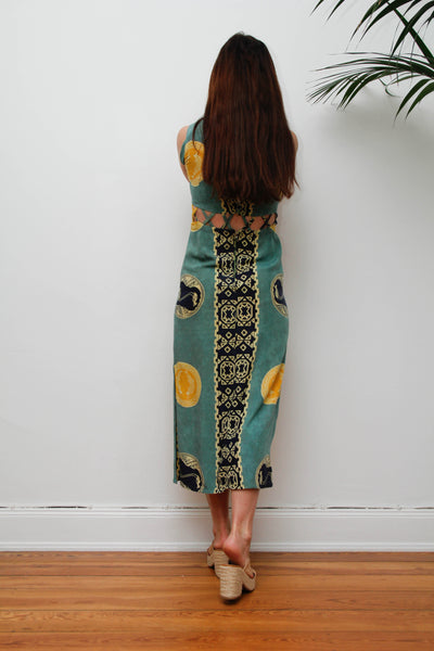 Vintage Scenic Print Maxi Dress, Mediterranean Bohemian Holiday Dress
