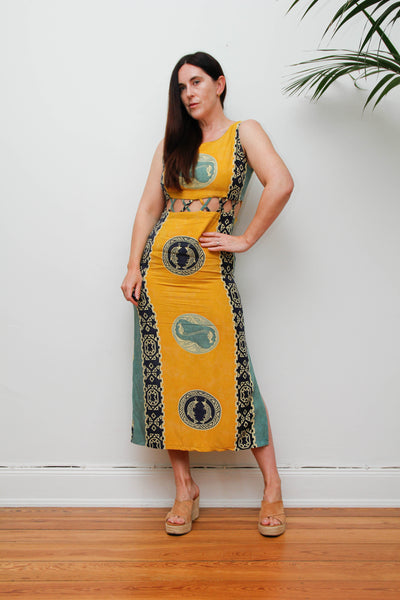 Vintage Scenic Print Maxi Dress, Mediterranean Bohemian Holiday Dress