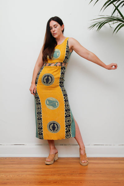 Vintage Scenic Print Maxi Dress, Mediterranean Bohemian Holiday Dress