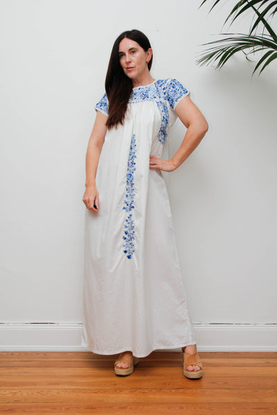 Vintage 1970s Oaxacan Mexican Dress, White Embroidered Cotton Maxi