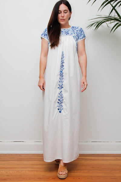 Vintage 1970s Oaxacan Mexican Dress, White Embroidered Cotton Maxi