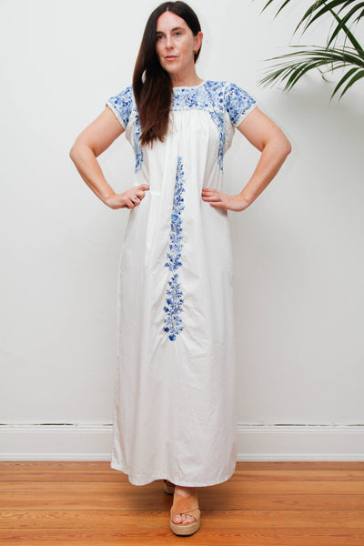 Vintage 1970s Oaxacan Mexican Dress, White Embroidered Cotton Maxi