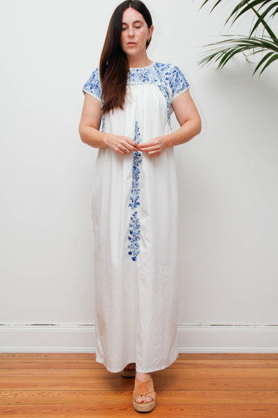 Vintage 1970s Oaxacan Mexican Dress, White Embroidered Cotton Maxi