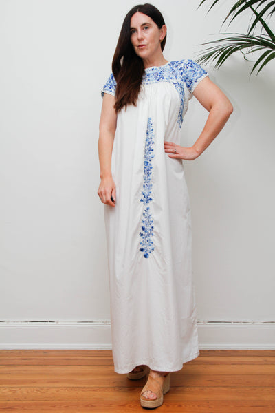 Vintage 1970s Oaxacan Mexican Dress, White Embroidered Cotton Maxi