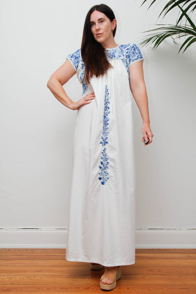 Vintage 1970s Oaxacan Mexican Dress, White Embroidered Cotton Maxi