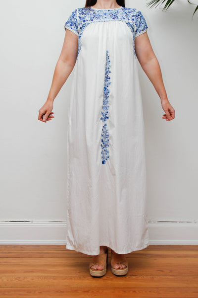 Vintage 1970s Oaxacan Mexican Dress, White Embroidered Cotton Maxi