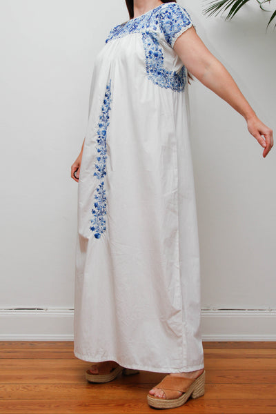 Vintage 1970s Oaxacan Mexican Dress, White Embroidered Cotton Maxi