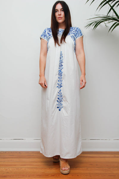 Vintage 1970s Oaxacan Mexican Dress, White Embroidered Cotton Maxi