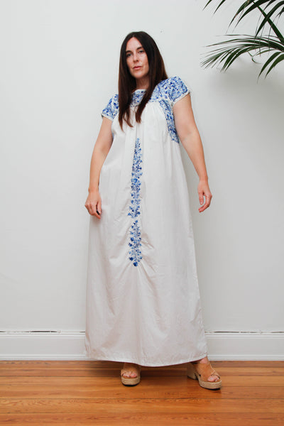 Vintage 1970s Oaxacan Mexican Dress, White Embroidered Cotton Maxi