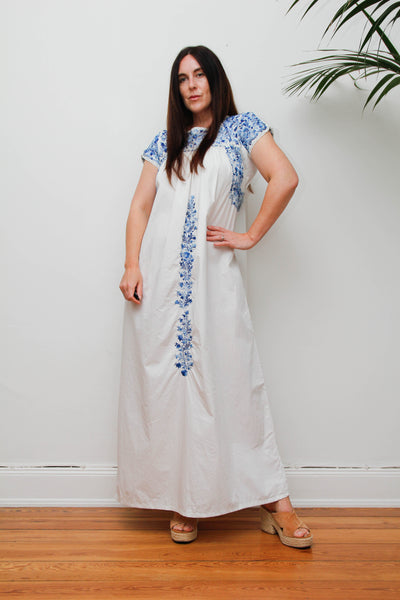 Vintage 1970s Oaxacan Mexican Dress, White Embroidered Cotton Maxi
