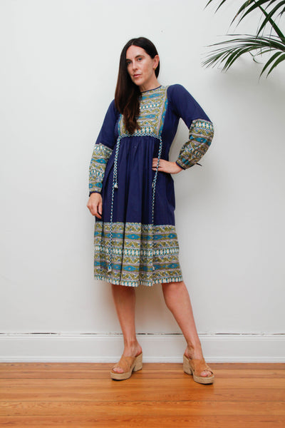 Vintage 1970s Indian Block Print Dress, Blue Cotton Bohemian Midi