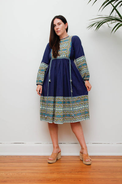 Vintage 1970s Indian Block Print Dress, Blue Cotton Bohemian Midi