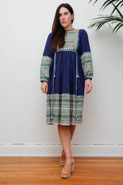 Vintage 1970s Indian Block Print Dress, Blue Cotton Bohemian Midi