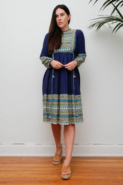 Vintage 1970s Indian Block Print Dress, Blue Cotton Bohemian Midi