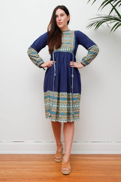Vintage 1970s Indian Block Print Dress, Blue Cotton Bohemian Midi