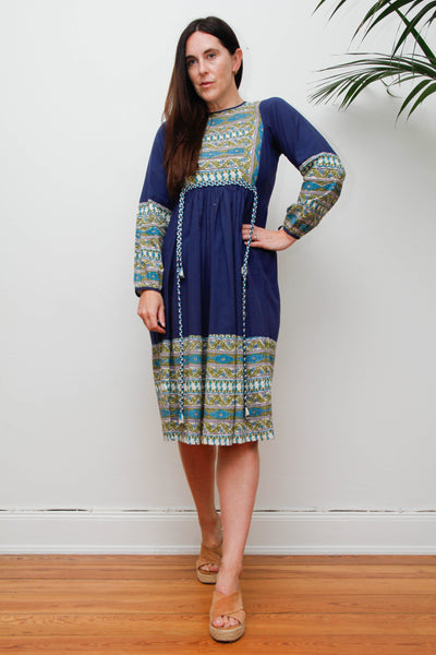 Vintage 1970s Indian Block Print Dress, Blue Cotton Bohemian Midi