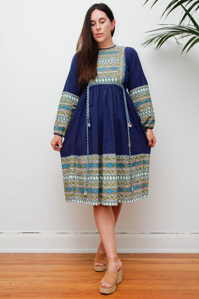 Vintage 1970s Indian Block Print Dress, Blue Cotton Bohemian Midi
