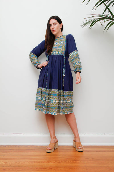 Vintage 1970s Indian Block Print Dress, Blue Cotton Bohemian Midi