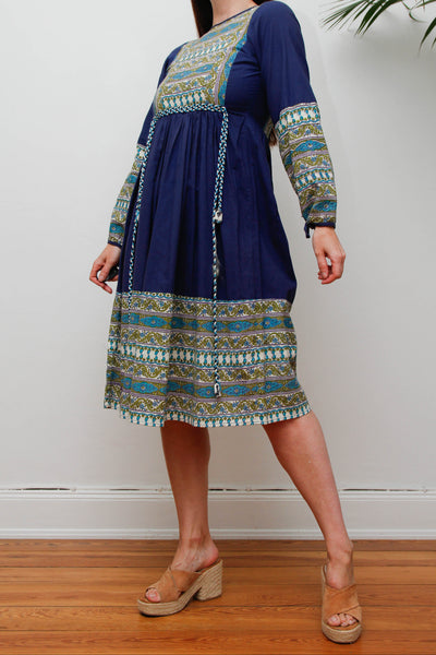 Vintage 1970s Indian Block Print Dress, Blue Cotton Bohemian Midi