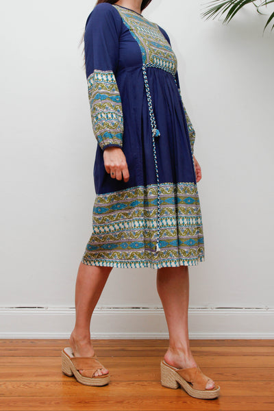 Vintage 1970s Indian Block Print Dress, Blue Cotton Bohemian Midi