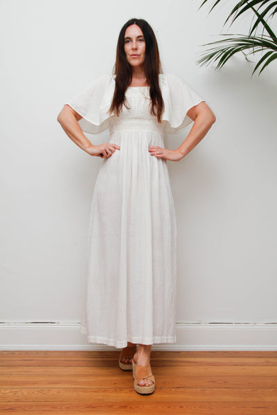 Ethereal Vintage Cheesecloth Cotton Dress - Bohemian Kaftan Sleeves, Cape Dress